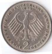 NIEMCY 2 marki 1973 D, KM# A127, VF, Theodor Heuss