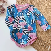 Body 92 bawelniane we flamingi tropikalne dlugi rekaw niebieskie rozowe