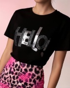 Zdobiony czarny T-shirt- cyrkoniowy napis 100% bawełna L