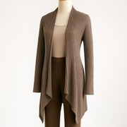 Długi prążkowany brązowy kardigan taupe prosty klasyczny jesień zima M L XL