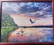 Obraz "Żurawie nad jeziorem Karsińskim" ręcznie malowany, 40x50 cm
