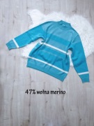 sweter, rozm. XL. paski, vintage, premium, wełna merino, półgolf