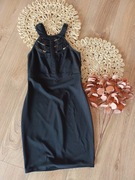 Czarna sukienka z dekoltem w paski 36S  wizytowa mała czarna krótka mini