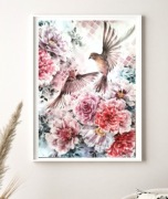 Obraz ptak i kwiaty akwarele DUŻY