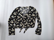 Krótka bluzka czarna kropki kwiatki długi rękaw h&m L/40 wiskoza Croptop