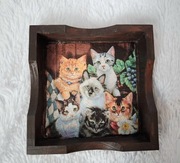 Taca drewniana z kotkami Rękodzieło 