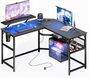 Biurko Gamingowe Narożne z LED 130x130cm z Portem do Ładowania Karbonowe