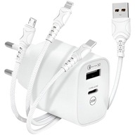Nabíječka 3v1 síťová Rychlá USB / USB-C + kabel USB-C Micro USB Lightning