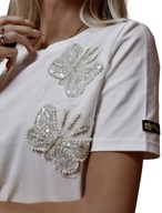 T-shirt damski z motylkami z koralików OLB ecru uni XS S M