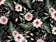 Tkanina bawełna 130 g/m² szer. 160 cm czarny, róże, wielokolorowy, zielenie