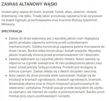 ZAWIAS ZAWIASY DO OKIENNIC ALTANY WĄSKI DRZWI 250
