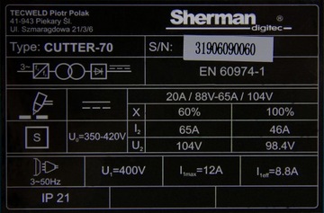 SHERMAN CUTTER 70 23 мм ПЛАЗМЕННЫЙ РЕЗАК