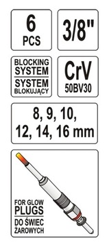 Ключи для свечей накаливания YATO 6 ЭЛЕМЕНТОВ. YT-0534