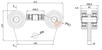 ТЕЛЕЖКА ДЛЯ ВОРОТ 5-РОЛИКОВАЯ ПРОФИЛЬ ВОРОТ 80x80x5 500кг