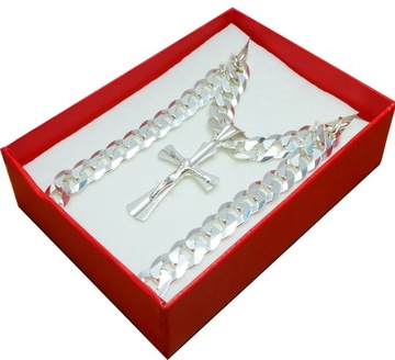Srebrny Gruby Łańcuch Pancerka 65cm + Krzyż