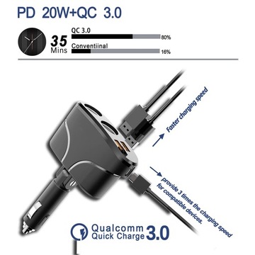 Разветвитель быстрой зарядки Dual PD USB QC 3.0 для автомобильного прикуривателя