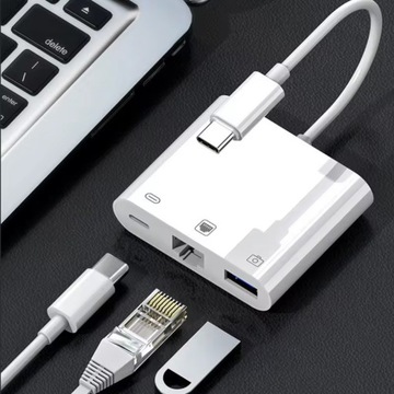 Przejściówka Adapter 3w1 USB-C do LAN / USB A / USB C do smartfona laptopa