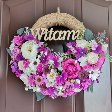 Весенний приветственный венок WELCOME, розовый, 40 см, на дверь, цветы, цветы