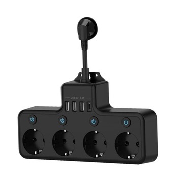 Удлинитель с вилкой европейского стандарта, 3 USB-портами, быстрая зарядка, 4 розетки, черный