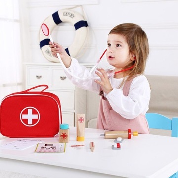 ДЕРЕВЯННЫЙ НАБОР МАЛЕНЬКОГО ДОКТОРА, АКСЕССУАРЫ, СУМКА ДЛЯ ИГРУШЕК TooKY
