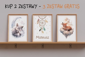 3 OBRAZKI DO POKOJU DZIECIĘCEGO A3 ZESTAW PLAKATY BOHO IMIE DZIECKA PREZENT
