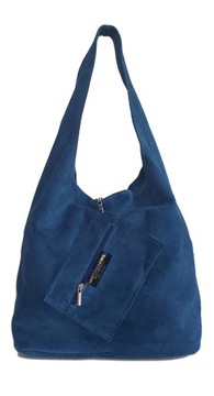 Shopper Bag Zamsz Włoska Vera Pelle worek Blue Jeans