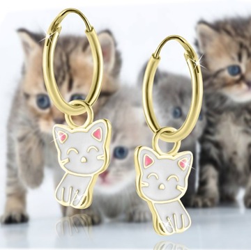 ЗОЛОТЫЕ СЕРЬГИ ДЛЯ ДЕВОЧКИ, КОШКИ, ПОДВЕСКИ, серебро 925 пробы