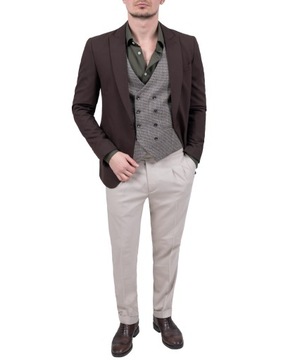 Kamizelka męska dwurzędowa pepitka elegancka casual brazowa - 50