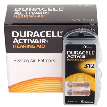 60 аккумуляторов для слуховых аппаратов ACTIVAIR DURACELL DA-312 8 В