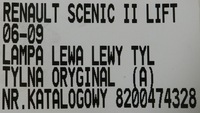 фото thumb №7, Renault scenic ii рестайлинг 06-09 лампа левая левый зад задняя 8200474328