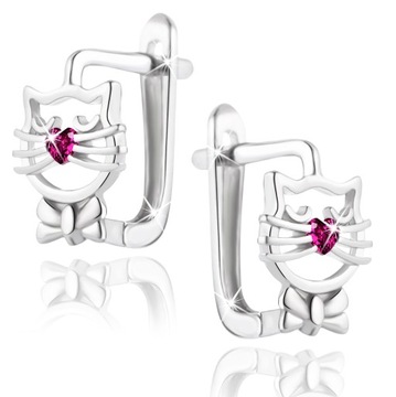 СЕРЕБРЯНЫЕ СЕРЬГИ 925 ПРОБЫ ДЛЯ ДЕВОЧКИ, КОШАЧЬЕ СЕРДЦЕ