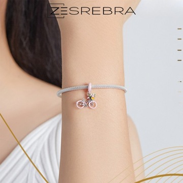 Бусины CHARMS PINK BIKE, серебро 925 пробы, дорожная корзина с цветами