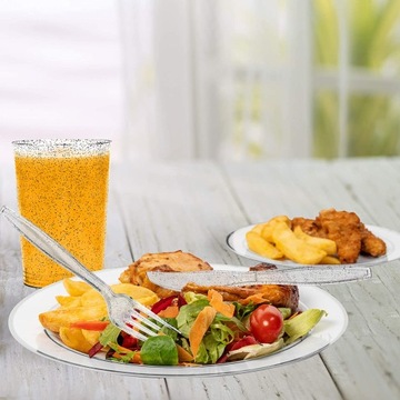 Srebrne plastikowe talerze kubki sztućce zestaw na 25 osób catering piknik
