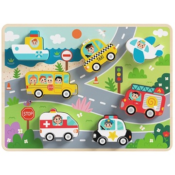 UKŁADANKA DREWNIANA GRUBE KLOCKI MONTESSORI POJAZDY SORTER TOOKY TOY