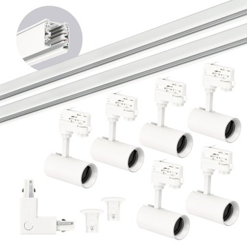 Zestaw szynowy 3 fazowy szyna 2m+2m, L prawy, 6x Lampa, 2x zaślepka BIAŁY