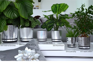 16 cm Doniczka z podstawką SREBRNY ART DECO piękny wzór z połyskiem glamour