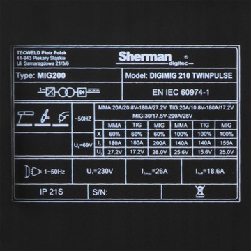 SPAWARKA MIGOMAT SHERMAN MIG 210 TWINPULSE MAG MMA TIG ALUMINIUM 230V 200A