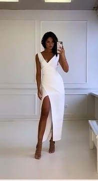 Zoja ECRU Elegancka długa sukienka z rozporkiem na ślub ślubna 2XL