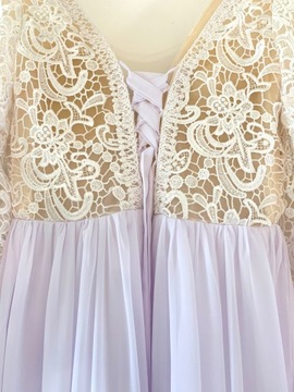 Suknia ślubna boho linia A gipiura wiązanie długie bufiaste rękawy 46 XXXL