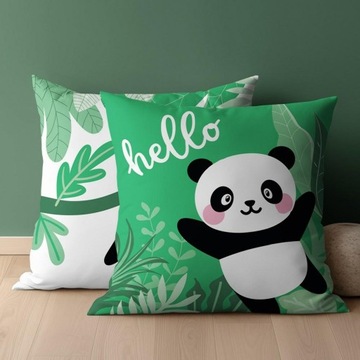 Poszewka bawełniana 40x40 Miś panda hello zielona dwustronna