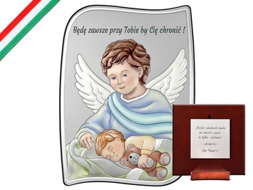 Srebrny kolorowy obraz z Aniołem 7,5x10cm chrzest prezent Chrzest Komunia