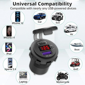 USB QC 3.0 + USB C 63 Вт, монтажная розетка 12–24 В