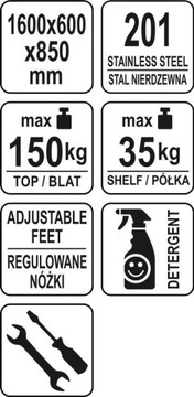 STÓŁ BLAT ROBOCZY NIERDZEWNY Z PÓŁKĄ 1600x600xH850