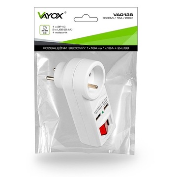 Съемный сетевой разветвитель с переключателем 2x USB 2.1A 3500Вт 230В