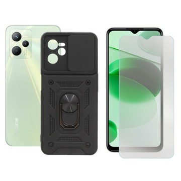 Чехол-кольцо для Realme C35/Narzo 50A Prime Black + СТЕКЛЯННЫЙ чехол