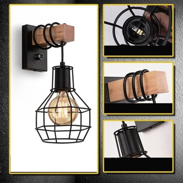 LAMPA KINKIET ŚCIENNY DREWNO LOFT VINTAGE SALON SYPIALNIA SCHODY HOL