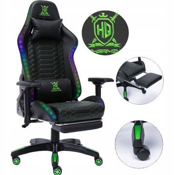 FOTEL GAMINGOWY DLA GRACZA OBROTOWY PODNÓŻEK PODUSZKI RGB LED + PILOT