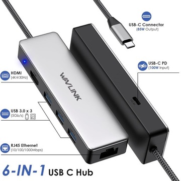 WAVLINK UHP3413 Адаптер-концентратор 6-в-1 Док-станция USB-C с поддержкой 4K/100 Вт