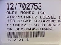 фото thumb №8, Alfa romeo 156 форсунка дизель 0445110002 1,9jtd