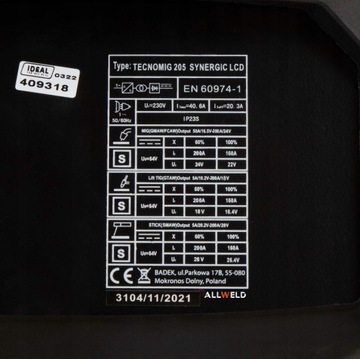 ИНВЕРТОРНЫЙ СВАРОЧНЫЙ АППАРАТ INVERTER IDEAL TECNO MIG 205 LCD V2 SYNERGY 200A 230V